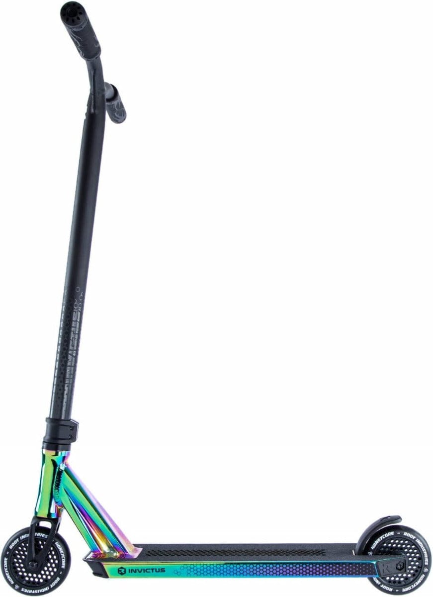 The Root Industries Invictus 2 Complete Stunt Scooter - Rocket Fuel Neochrome showcases a sleek black and rainbow-colored design with Honeycore wheels, featuring a high handlebar and glossy, multi-colored deck that stands out beautifully against the white background.
