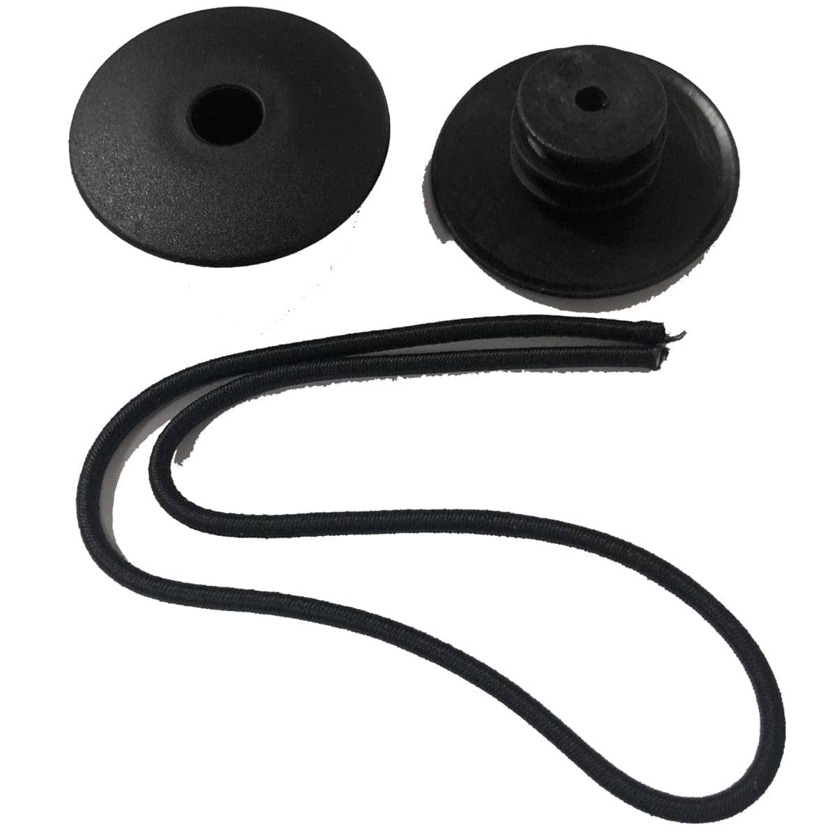 The image features a pair of JD Bug Original Street Scooter Bar Ends in black. One stopper is flat with a central hole, ideal for JD Bug Street Scooter handlebar ends, while the other has a stepped design. A gracefully curved black elastic cord lies beneath the stoppers.