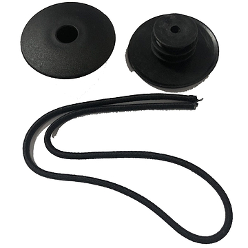 The image features a pair of JD Bug Original Street Scooter Bar Ends in black. One stopper is flat with a central hole, ideal for JD Bug Street Scooter handlebar ends, while the other has a stepped design. A gracefully curved black elastic cord lies beneath the stoppers.