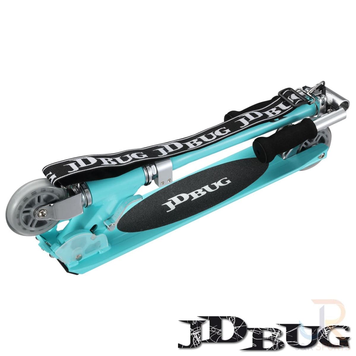 The JD Bug Original Street MS130B Foldable Kick Scooter in Matt Teal features gray wheels, a black carrying strap with the JD Bug logo, and has black grip tape on the deck displaying "JD Bug" in white. It's lightweight and easy to transport thanks to its foldable design.
