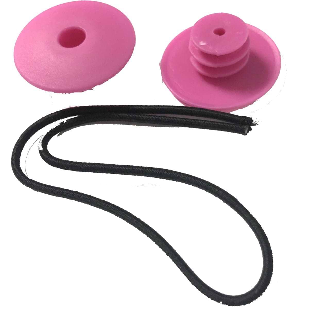 Pink plastic JD Bug Original Street Scooter Bar Ends with a threaded design are positioned beside a black elastic cord on a white background, ideal for securing accessories on your JD Bug scooter.