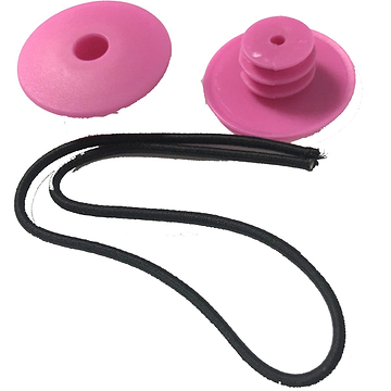 Pink plastic JD Bug Original Street Scooter Bar Ends with a threaded design are positioned beside a black elastic cord on a white background, ideal for securing accessories on your JD Bug scooter.