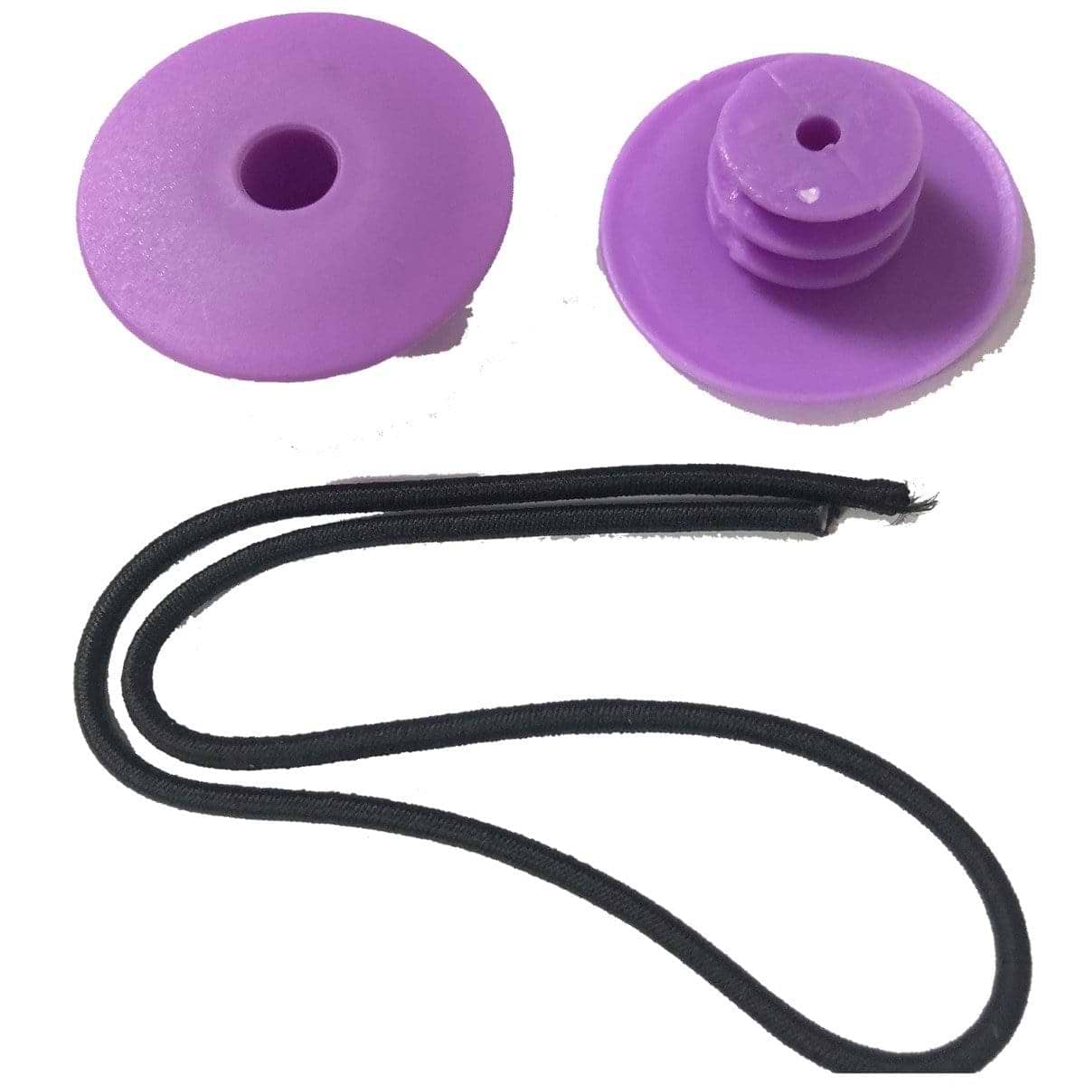 A pair of purple JD Bug Original Street Scooter Bar Ends, made from plastic and featuring a central hole, are ideal for your scooter. They come with a black elastic cord. The bar ends are depicted from two perspectives: one highlights the top view while the other displays the screw-like design on the underside.