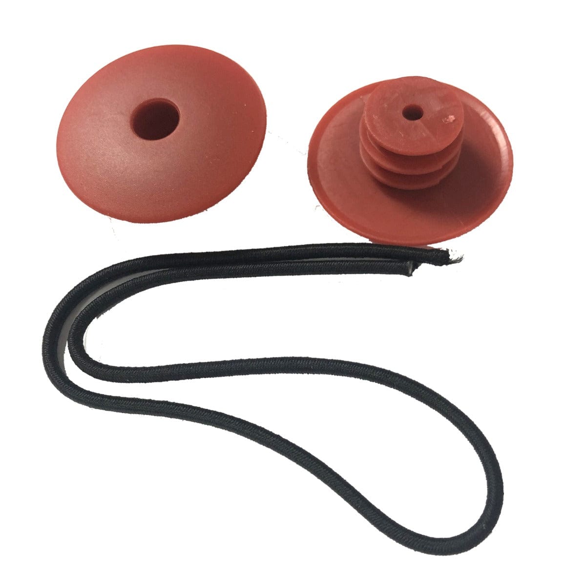 The JD Bug Original Street Scooter Bar Ends (Pair) - Red consists of two circular red plastic pieces connected by a black elastic cord. The left piece is flat with a central hole, while the right has a protruding section with an additional hole, designed similarly to accessories on a JD Bug or Street Scooter.