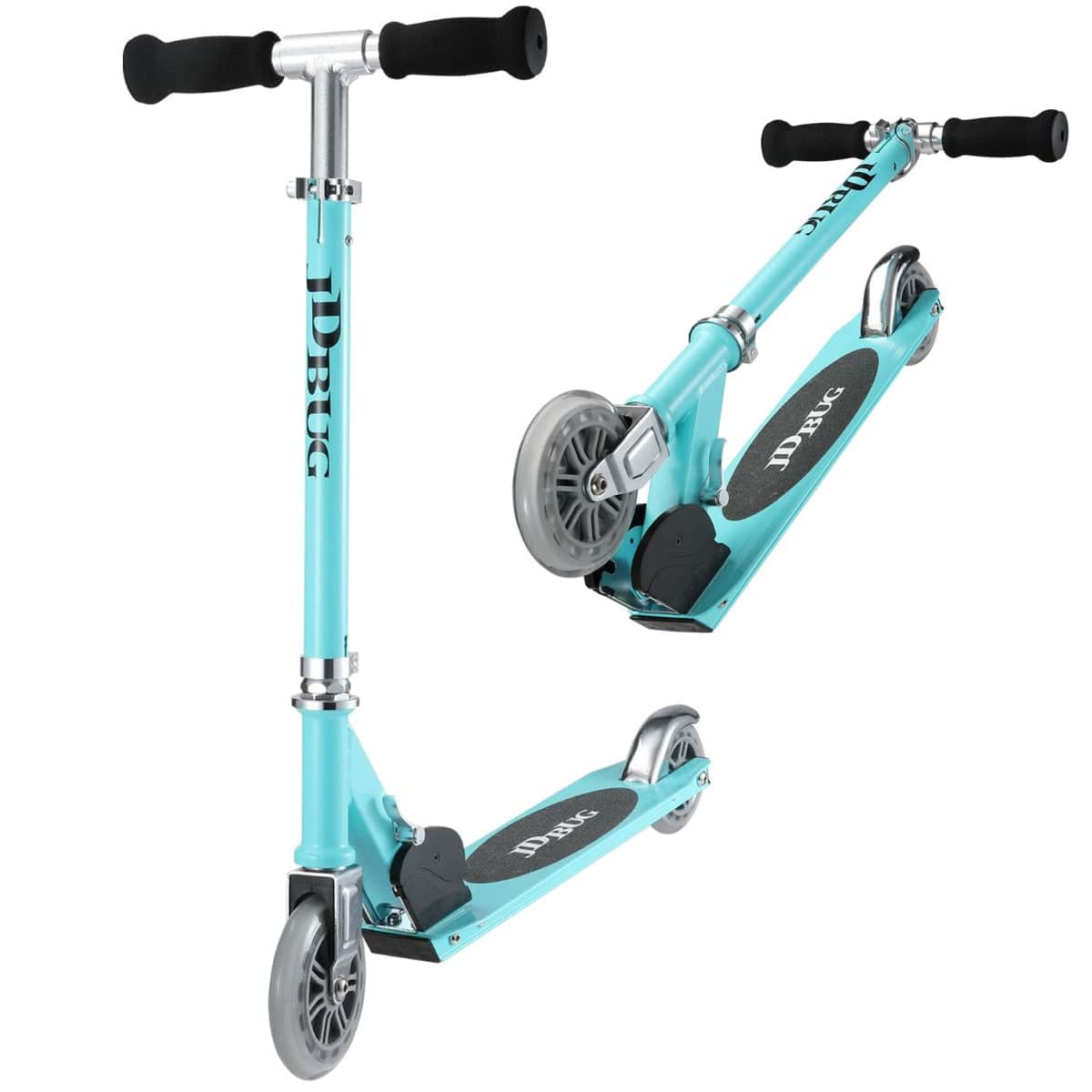 The JD Bug Junior Street MS100 Kids Foldable Kick Scooter in Matt Teal features black grip handles, silver accents, and a sturdy foot deck. It's designed as a junior scooter with the brand name "JD Bug" displayed prominently on the sleek frame.