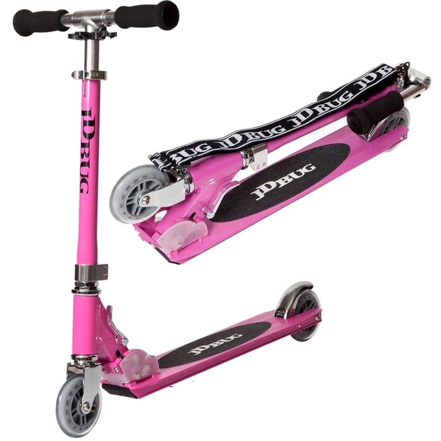 The JD Bug Original Street MS130B Foldable Kick Scooter in Pastel Pink features a lightweight frame, black handlebars and wheels, and displays "JD BUG" in white on the foot deck. It comes with a scooter bag and is shown both extended and folded.