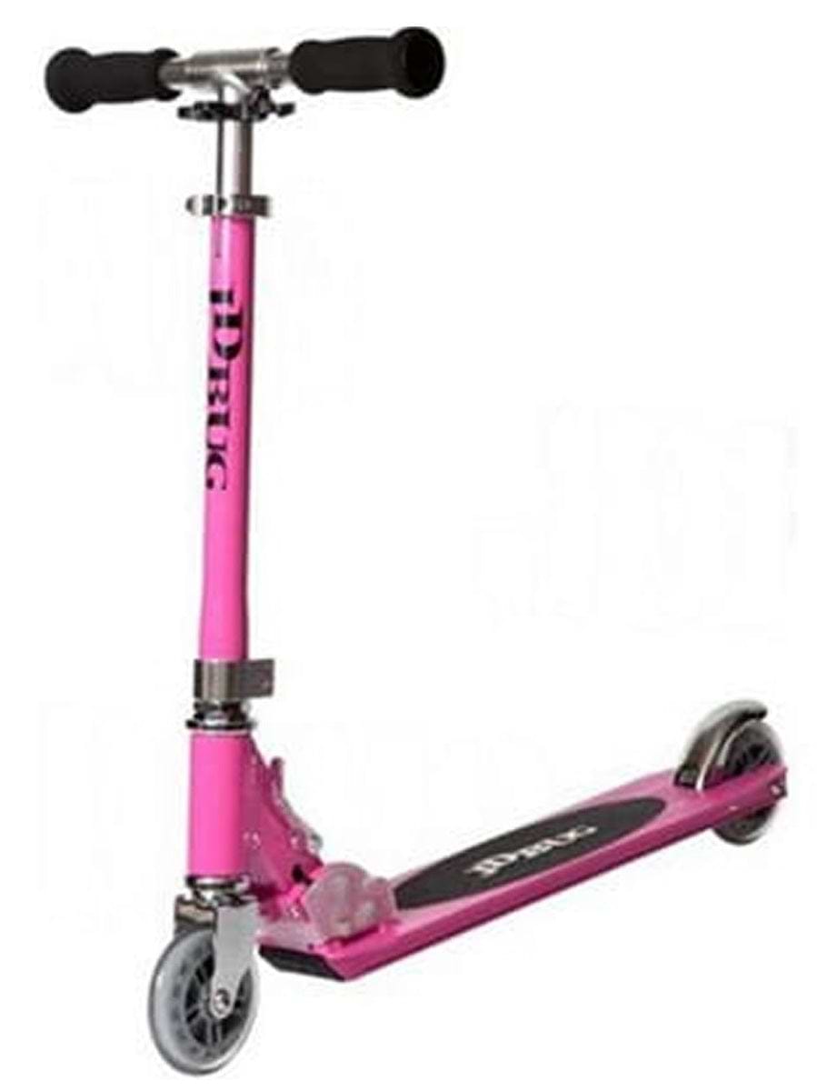 The JD Bug Original Street MS130B scooter in pastel pink features black foam handles and silver metal parts, a visible logo on the stem and deck, clear wheels, and is foldable—perfect for kids. It stands upright against a plain white background.