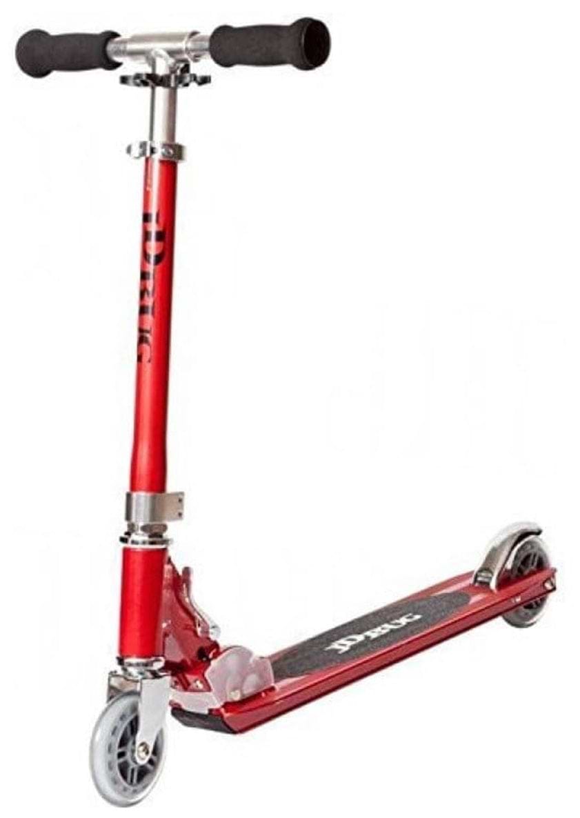 The JD Bug Original Street MS130B Foldable Kick Scooter - Red Glow Pearl features adjustable handlebars, black foam grips, a non-slip deck, small front and rear wheels, and a rear foot brake. This lightweight scooter for kids stands upright elegantly and is ready for adventure.