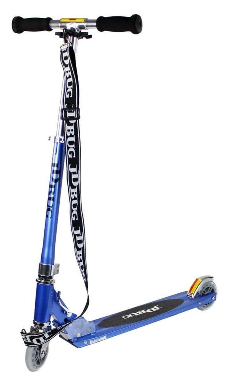 The JD Bug Original Street MS130B Foldable Kick Scooter in Reflex Blue features a textured dark deck with branding, black foam grips, small wheels, and a black and white strap on the handlebars. It's lightweight and foldable for easy transport, perfect for kids.
