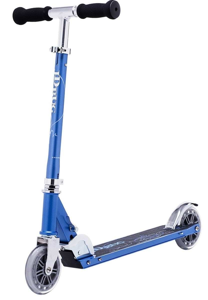 A JD Bug Classic Street 120 Kids Foldable Kick Scooter in Reflex Blue stands against a white background, featuring a silver steering column, black foam handle grips, and clear wheels. Its deck displays a graphic design and boasts a lightweight construction for easy transport.