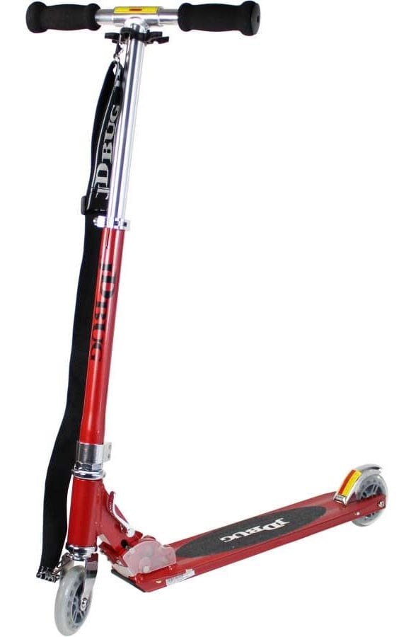 The JD Bug Original Street MS130B Foldable Kick Scooter - Red Glow Pearl is a lightweight kids' scooter with a red and silver frame, black foam handlebars, and two small wheels. Its folding design and carrying strap make it easy to transport when standing against a white backdrop.