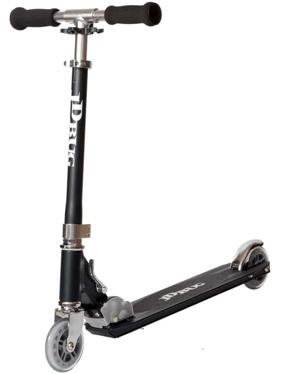 The JD Bug Junior Street MS100 Kids Foldable Kick Scooter in Matt Black offers a secure folding mechanism, features foam handle grips, two wheels, and displays the JD Bug brand on its stem and deck. It ensures a smooth ride with a rear wheel foot brake for enhanced safety.