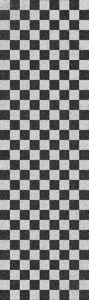 The Jessup Original 9" Skateboard Griptape - Checker, in black and white, creates an optical illusion reminiscent of grip-art. The checker pattern is expertly arranged to produce a wobbling effect with lines that appear to bend and shift vertically, delivering the secure hold associated with Jessup griptape.