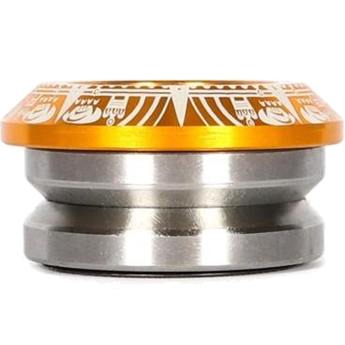 Product Description: The Infinity Mayan Integrated Stunt Scooter Headset in gold features intricate patterns reminiscent of decorative designs. Its precision engineering offers smooth performance comparable to sealed bearing mechanisms, beautifully displayed from a side angle against a plain white background.