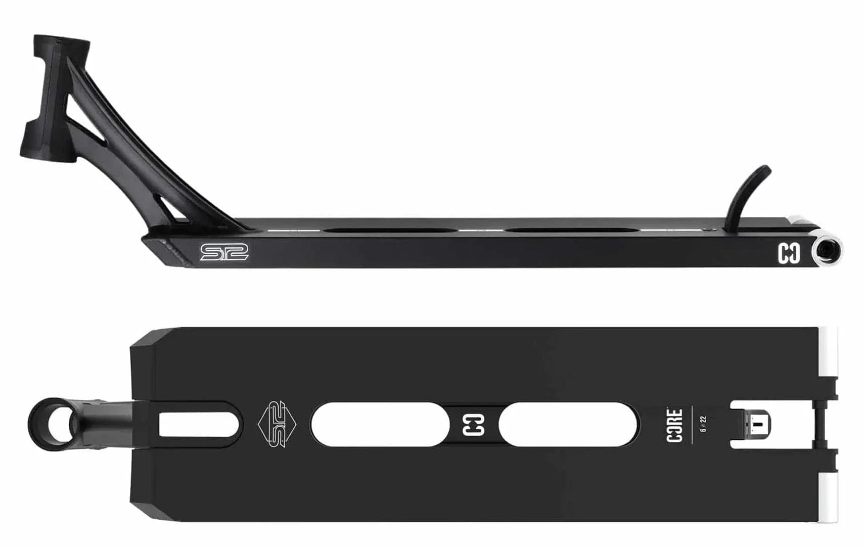 The CORE ST2 Forged Black Street Stunt Scooter Deck - 22" features top and side views with CORE brand logos. Designed for street riding, it showcases a sleek design with cutouts, a forged headtube for the front bar, and a rear brake.
