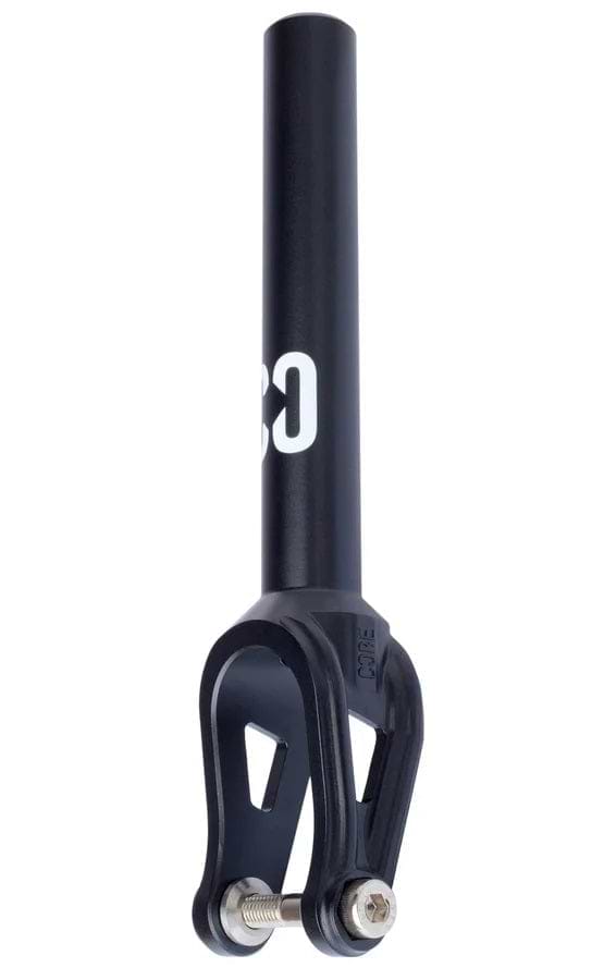 Introducing the CORE SL2 IHC Stunt Scooter Fork in black, showcasing a sleek design with a cylindrical neck and angled bottom. This aluminum fork is emblazoned with the "CORE" logo and includes bolts at the base for secure attachment.