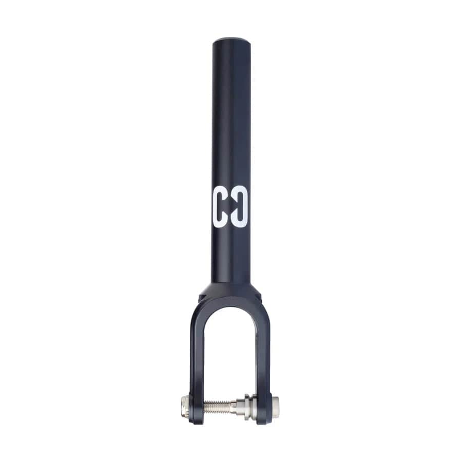 Introducing the CORE SL2 IHC Stunt Scooter Forks in black—a sleek, minimalist aluminium design featuring a silver axle bolt at the base and adorned with a white CORE logo near the top of the stem. Ideal for enhancing your IHC stunt scooter experience.