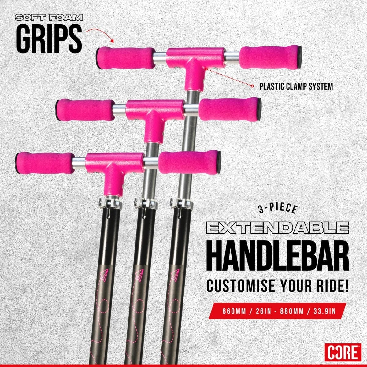 The CORE Foldy Kids LED Foldable Scooter - Black / Pink features a set of three black handlebars, each with pink foam grips, displayed at various lengths to demonstrate their extendable nature. The lightweight design stands out, complemented by comfortable foam grips and a plastic clamp system that allows for adjustable handlebar sizes: 660mm (26in), and 880mm (33.9in). The CORE brand logo is neatly positioned at the bottom right corner.