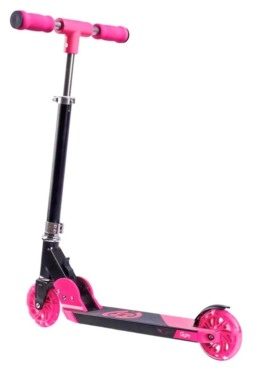 The CORE Foldy Kids LED Foldable Scooter, available in a striking black and pink color scheme, features a lightweight design with translucent pink wheels and adjustable handlebars. This scooter combines style and functionality with its stylish black deck accented by a vivid pink pattern, promising an exciting ride for kids.