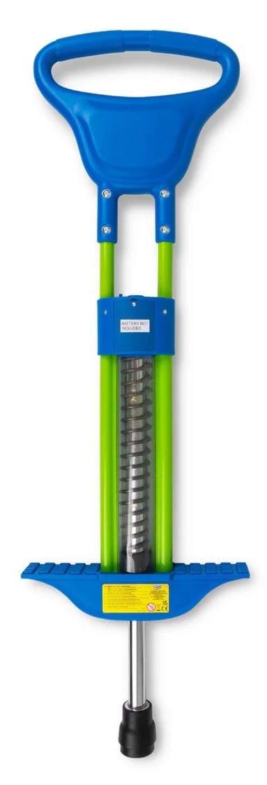 The Ozbozz Go Light Up Kids 89cm Pogo Stick in blue features a wide handlebar, textured footrests, visible central spring, and black rubber tip—perfect for kids seeking fun and safe bouncing.