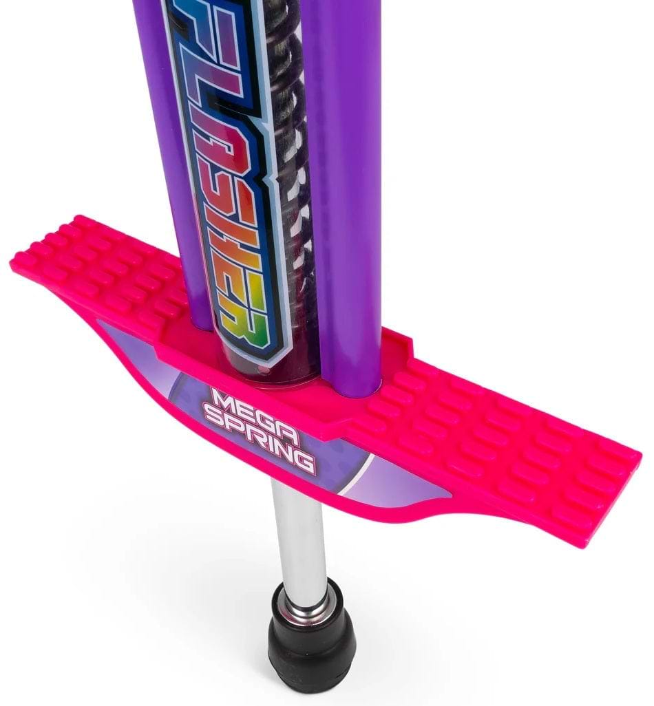 Close-up of the Ozbozz Go Light Up Kids Pogo Stick - Pink, showing its purple frame, colorful "Flasher" label, bright pink footrests with "Mega Spring" text, bottom rubber tip, and part of the metal spring.