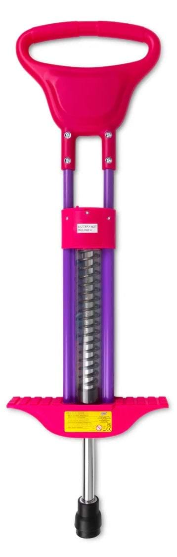 The Ozbozz Go Light Up Kids Pogo Stick - Pink features a wide handle, sturdy footrests, and visible metal spring—perfect for hours of active fun.