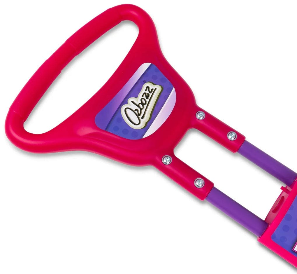Close-up of a pink handle labeled "Obbz," attached to the Ozbozz Go Light Up Kids Pogo Stick - Pink, with metal bolts visible at the joints.