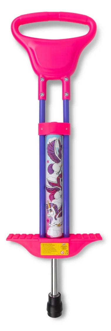 The Ozbozz Unicorn Kids Pogo Stick - Pink from Ozbozz features a pink handle, unicorn and rainbow design, and sturdy footrests—ideal for magical, bouncy adventures.