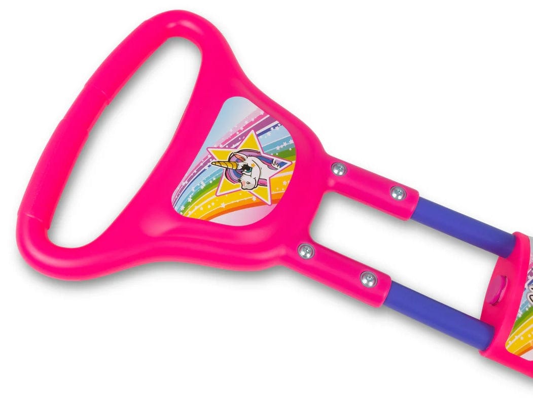 Close-up of the Ozbozz Unicorn Kids Pogo Stick - Pink, featuring a pink handle with a unicorn and rainbow sticker, attached to blue rods with silver bolts. Brand: Ozbozz.