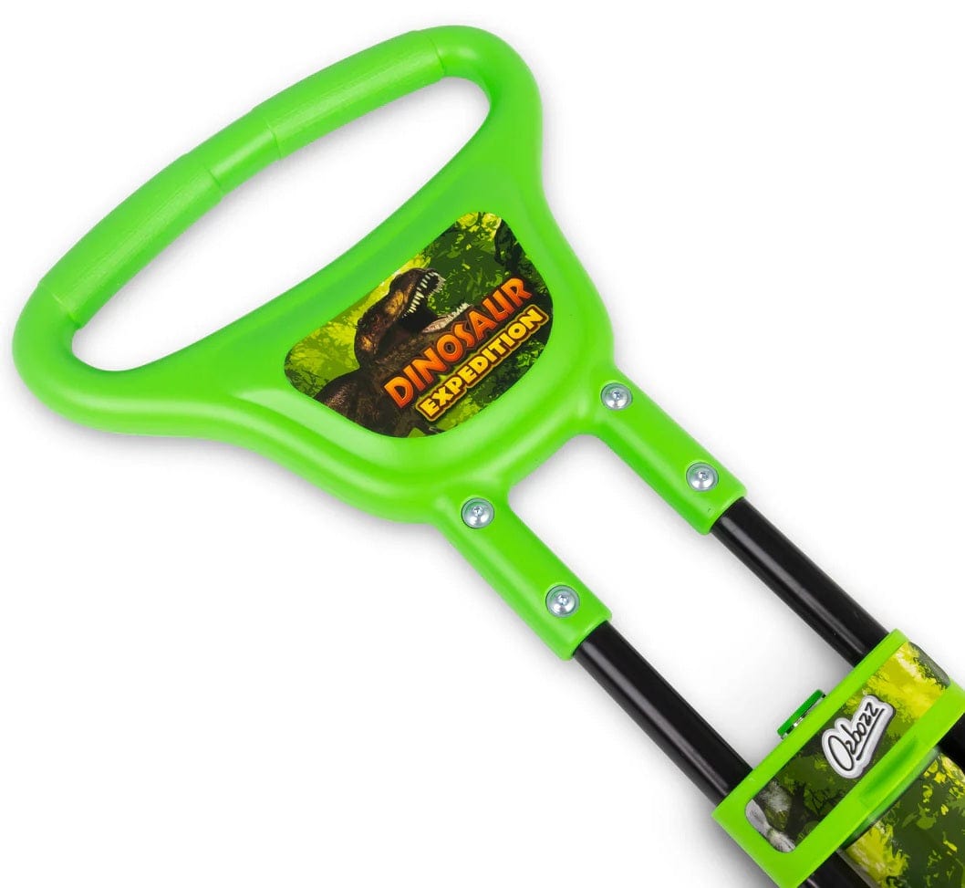 Close-up of the bright green handle on the Ozbozz Dinosaur Kids Pogo Stick, featuring a dinosaur graphic and sturdy black metal rods. Part of the bold green and black Ozbozz frame is also visible.