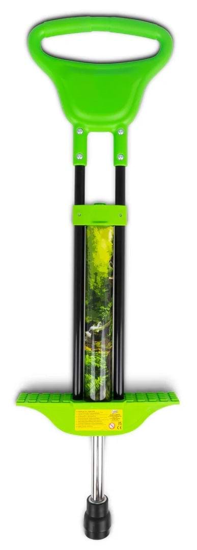 The Ozbozz Dinosaur Kids Pogo Stick - Green by Ozbozz features a chunky design with wide handles, sturdy footrests, and a central spring mechanism in green and black.