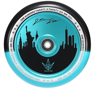 The Blunt Envy 120mm Jon Reyes Signature Hollow Core Stunt Scooter Wheel, in a striking black and teal color scheme, showcases a city skyline with the Statue of Liberty. The edge is inscribed with "One Hundred Twenty X Twenty Six MM 86A," blending style and precision performance seamlessly.