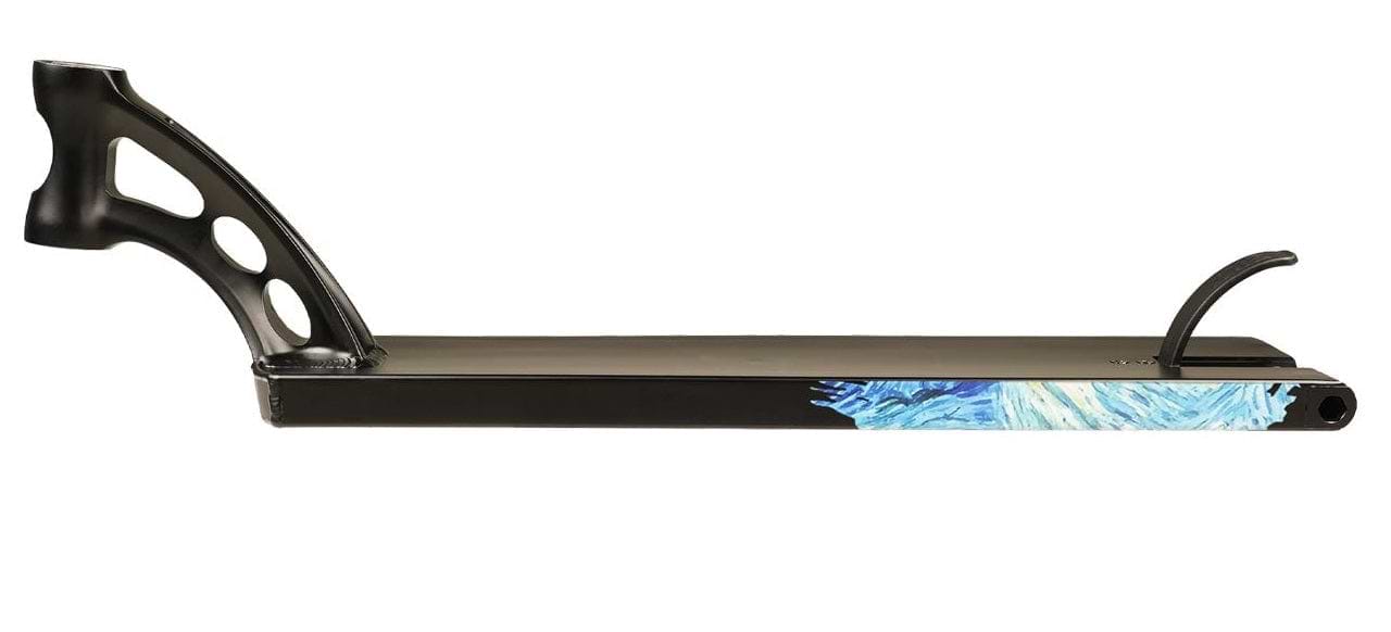 The Madd Gear MGP MFX Juzzy Carter V2 Signature Black Stunt Scooter Deck features a stylish design, including a neck cutout and Juzzy Carter's striking blue artwork on one side, contrasted by a simple white background.