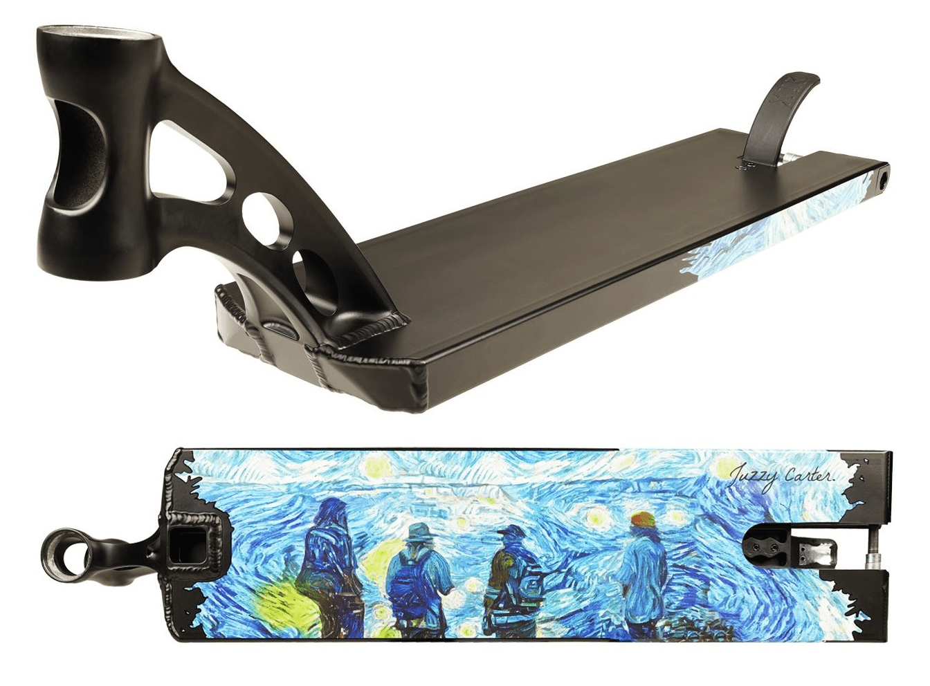 The Madd Gear MGP MFX Juzzy Carter V2 Signature Black Stunt Scooter Deck, measuring 6" x 23", showcases a vivid bottom design of three individuals gazing at a starry night sky in a style reminiscent of Van Gogh. Designed for the pro scooter enthusiast, this deck features edges with circular cutouts.