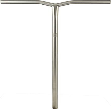 The Lucky Paradigm Kink Titanium Oversized SCS Stunt Scooter Bars, measuring 660mm x 660mm in a sleek chrome finish, are displayed against a white background. The design includes a subtle central bend at the top, forming a Y-shape at the joint and highlighting its NASA-grade titanium construction.