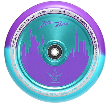 Introducing the Blunt Envy 120mm Jon Reyes Signature Hollow Core Stunt Scooter Wheel in a striking purple core, beautifully depicting a city skyline complete with the Statue of Liberty and towering skyscrapers. The outer rim features an eye-catching blue-to-green gradient. This wheel is expertly crafted with Blunt Envy's Hollowcore Technology and displays "ONE HUNDRED TWENTY SIX MM 86A" along its edge.