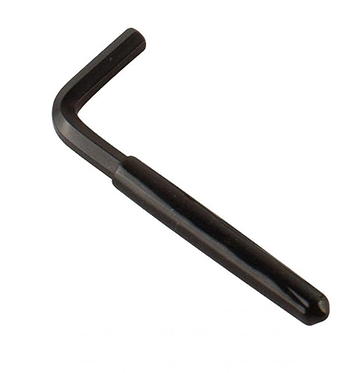 The Krux DLK Kingpin Skate Tool - Black, designed by Krux, is an ideal L-shaped hex key tool with a handle for adjusting or tightening hexagonal bolts on skateboards. This versatile black skate tool is suited for precision kingpin adjustments and more, positioned diagonally against a white background.