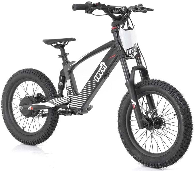 The Revvi 18" Kids Electric Balance Bike in black offers a sporty design ideal for off-road cycling adventures. It comes with large off-road tyres, hydraulic disc brakes, a sturdy frame, and front suspension, all while prominently featuring the Revvi branding on the frame.