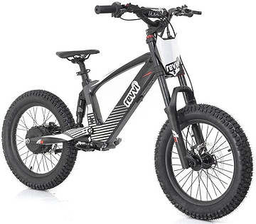 The Revvi 18" Kids Electric Balance Bike in black offers a sporty design ideal for off-road cycling adventures. It comes with large off-road tyres, hydraulic disc brakes, a sturdy frame, and front suspension, all while prominently featuring the Revvi branding on the frame.