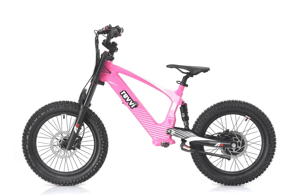 A vibrant pink Revvi 18" Kids Electric Balance Bike, equipped with hydraulic disc brakes and thick, rugged tires. It features black handlebars and a sleek seat perfect for off-road adventures, with a sturdy frame that prominently displays the Revvi brand logo.