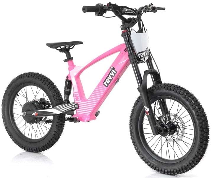 The Revvi 18" Kids Electric Balance Bike in pink is expertly crafted with thick, knobby tires ideal for off-road adventures. It features a sturdy frame and a padded seat for comfort, along with foldable MX-style foot pegs. The design is completed with black handlebars and the prominent Revvi brand logo, all highlighted against a crisp white backdrop.