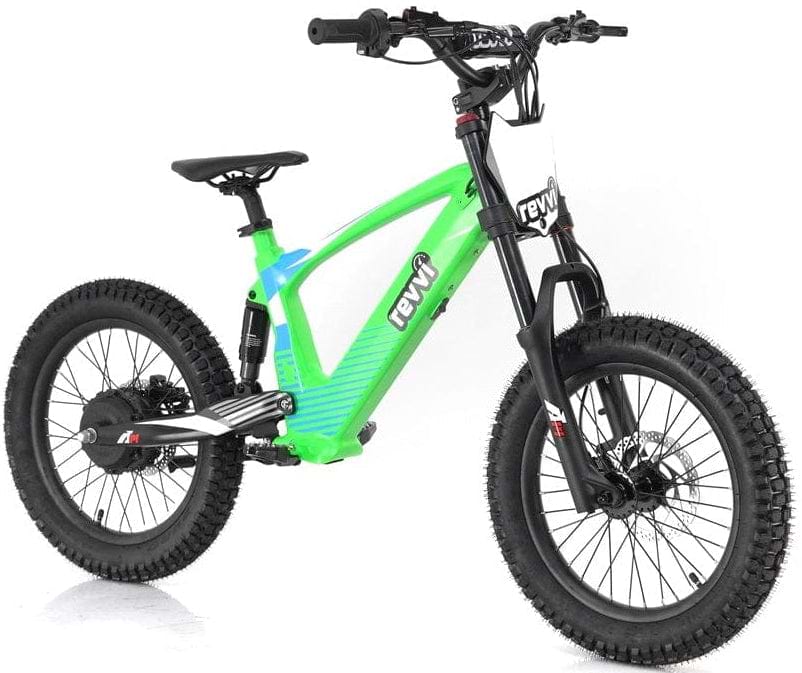 The Revvi 18" Kids Electric Balance Bike in green features thick black tires and a sturdy frame. Equipped with front suspension, hydraulic disc brakes, and a black handlebar showcasing the "Revvi" logo, this sleek and rugged bike is perfect for tackling challenging terrains.