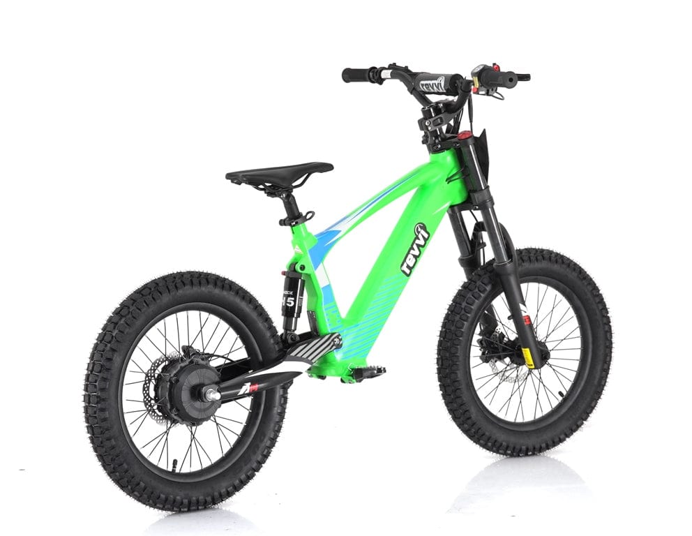 The Revvi 18" Kids Electric Balance Bike in green offers a solid frame and suspension fork, designed for off-road escapades. It comes equipped with thick, knobby tires, hydraulic disc brakes, and features its branding on the frame. The bike also includes a black saddle for added style.