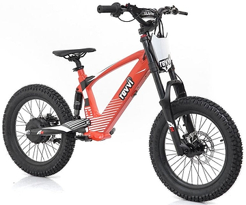 A Revvi 18" Kids Electric Balance Bike in red is showcased against a plain white backdrop, featuring rugged black tires, a suspension fork, and prominent "Revvi" branding on the frame, making it ideal for adventurous young riders.