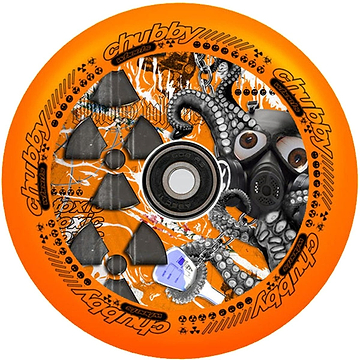 The Chubby Lab 110mm Hollowcore Stunt Scooter Wheel in Neon Orange showcases an intricate design of an octopus wearing a gas mask, complete with radioactive symbols and "chubby" lettering along the edges. This lightweight wheel includes a black bearing at its center, making it ideal for stunt scooters.