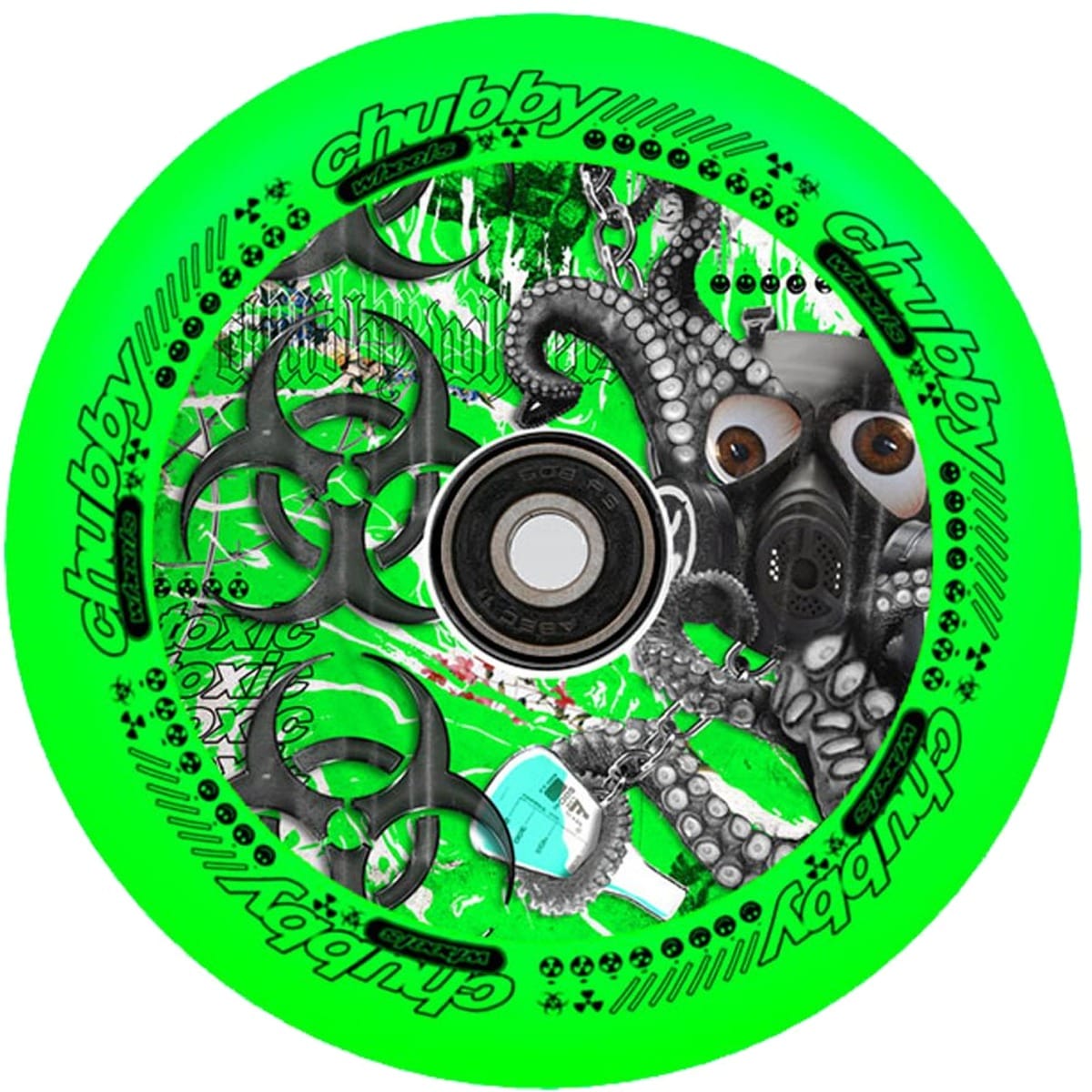 The Chubby Lab 110mm Hollowcore Stunt Scooter Wheel in Neon Green features vibrant green hues adorned with intricate black biohazard symbols, the text "Chubby," and a unique design of an octopus wearing a gas mask. The background is highlighted with neon hydrographic splashes of black and white for a striking appearance.