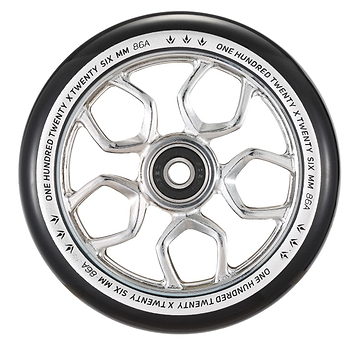 Close-up image of a Blunt Envy Lambo 120mm stunt scooter wheel in chrome silver, featuring a black tire. Designed for maximum grip, the wheel has hexagonal cutouts and text on the rim stating "One Hundred Twenty x Twenty Six MM 86A.