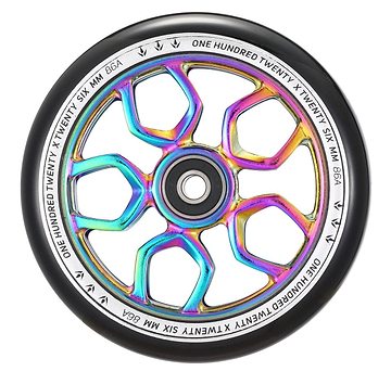 Introducing the Blunt Envy Lambo 120mm Stunt Scooter Wheel in Oil Slick Neochrome, featuring a black outer rim and a glossy, multi-colored metallic inner core. Designed for maximum grip, its intricate geometric design ensures top performance. The text on the rim reads "ONE HUNDRED TWENTY SIX MM 86A.