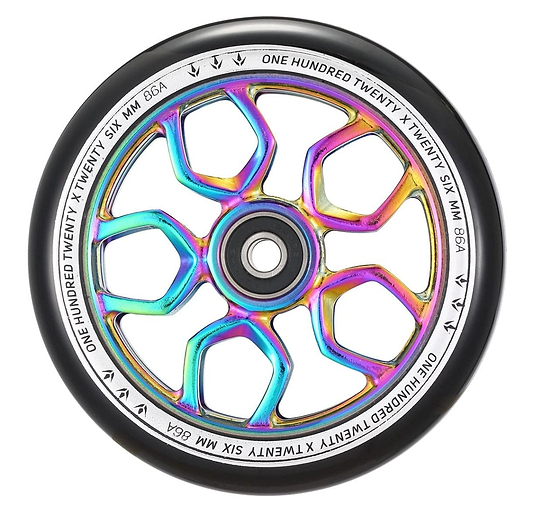 Introducing the Blunt Envy Lambo 120mm Stunt Scooter Wheel in Oil Slick Neochrome, featuring a black outer rim and a glossy, multi-colored metallic inner core. Designed for maximum grip, its intricate geometric design ensures top performance. The text on the rim reads "ONE HUNDRED TWENTY SIX MM 86A.