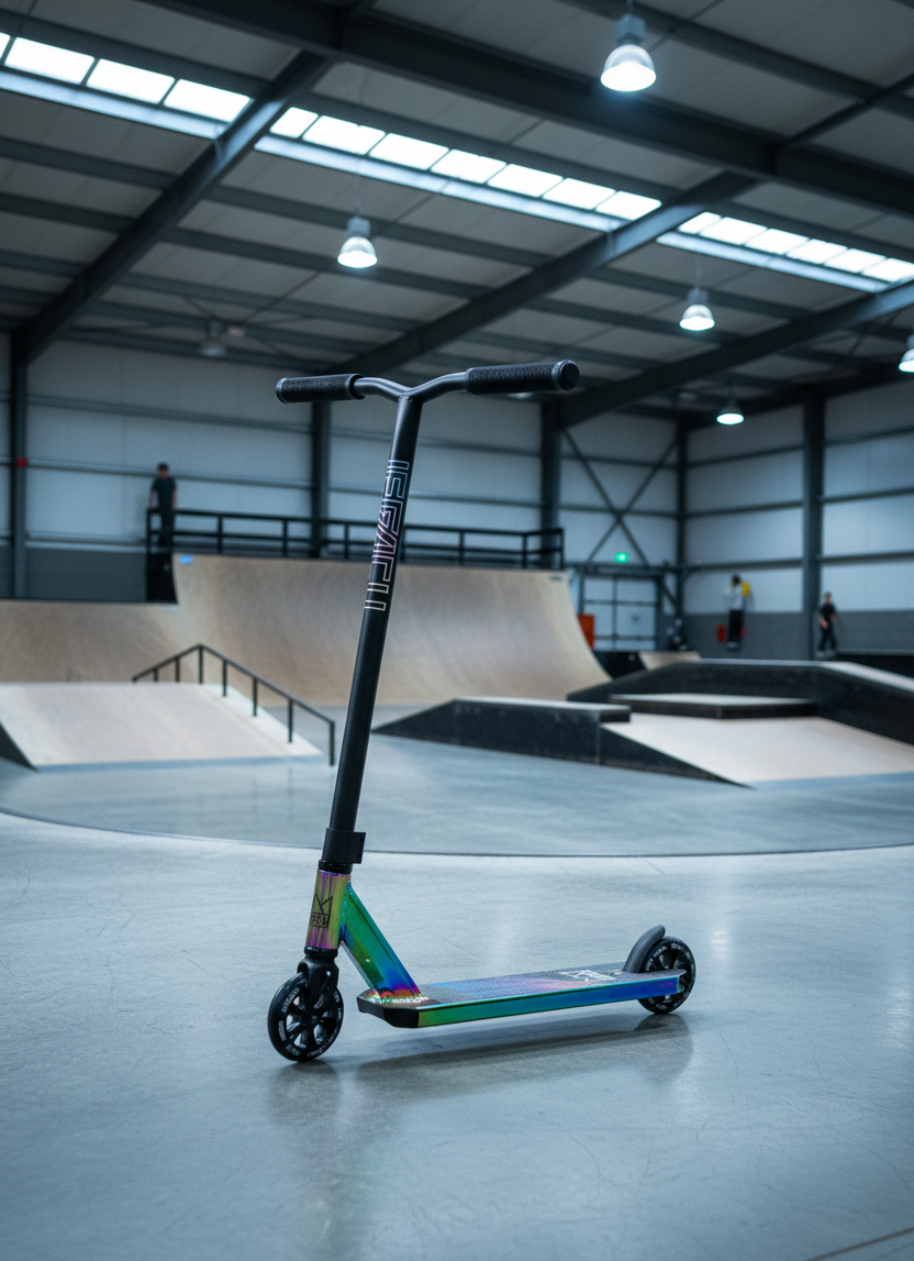 The Legacy 1.5 Pro Ventus Complete Stunt Scooter in Rainbow Neochrome/Black by Legacy stands upright on a smooth indoor skatepark floor, with ramps, rails, and several people visible under bright overhead lights.